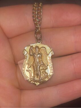 PEWTER Gold Saint Michael Medal Necklace - Religious Pendant